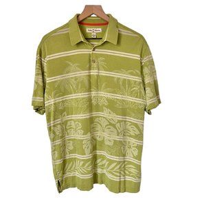 Tommy Bahama Silk & Cotton Polo Green Hawaiian Palm Tree Short Sleeve Mens Large